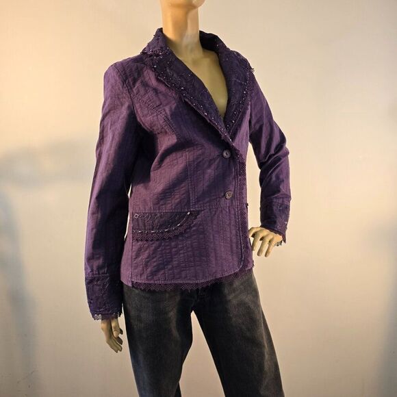 Panitti Purple Blazer Jacket Womens Sz L Embroidered Beaded Lace Embellished - Picture 7 of 12